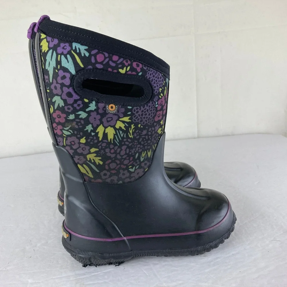 Bogs Rain Snow Boots Girls 11 Black Purple Floral Waterproof‎ Insulated Winter